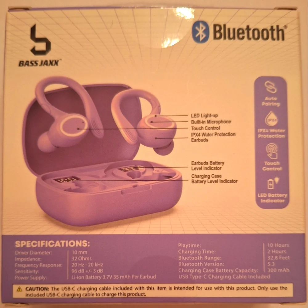 Wireless earbuds, over the ear hook, touch control. Purple.